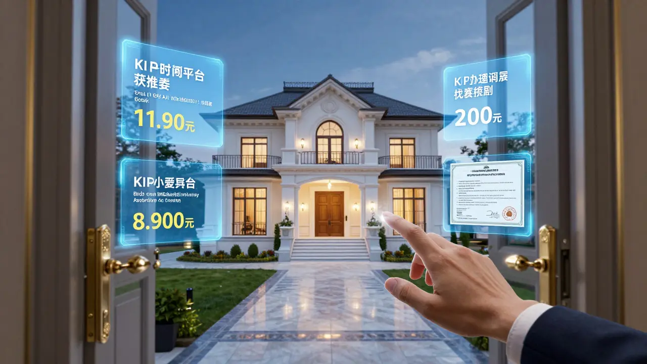 3D-Virtueller Rundgang durch ein luxuriöses Haus mit KI-Preisempfehlung, Finanzierungsangeboten und Energieausweis-Hologrammen.