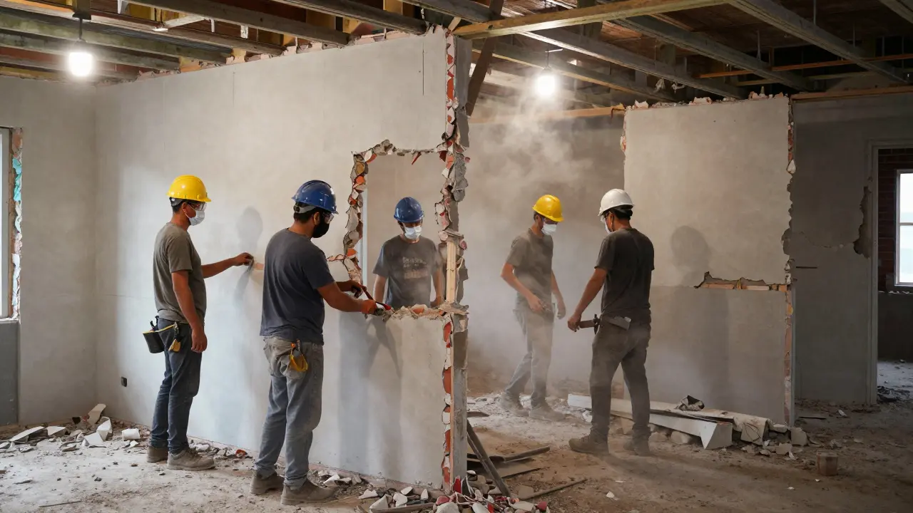 Arbeiter entfernen alte Wände und Bodenbeläge während der Entkernung eines Einfamilienhauses.