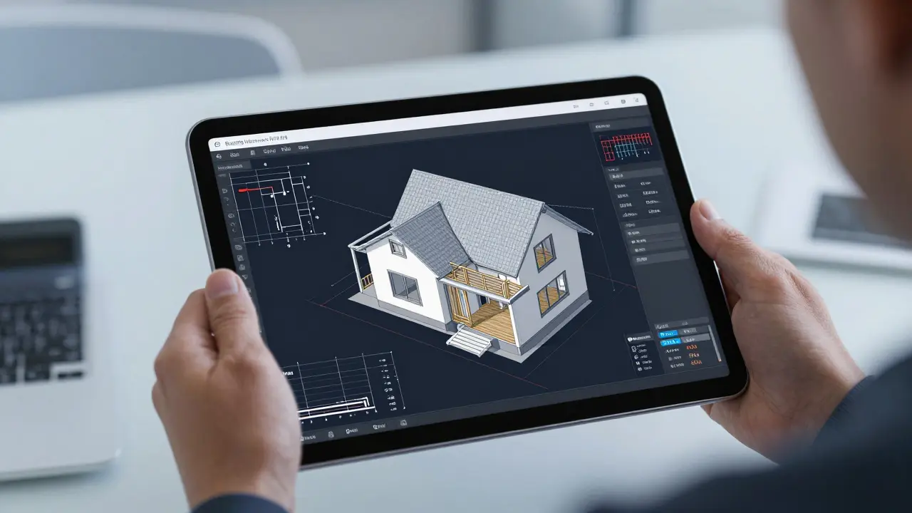 Architekt zeigt digitales 3D-Modell einer Kernsanierung auf einem Tablet mit BIM-Software.