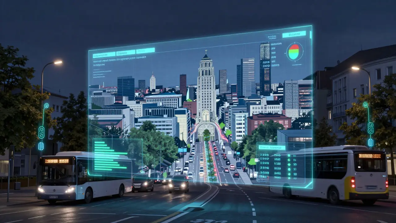 Digitale Zwilling-Darstellung von Leipzig mit Echtzeit-Datenströmen zu Energieverbrauch und Luftqualität über einer Stadtlandschaft.