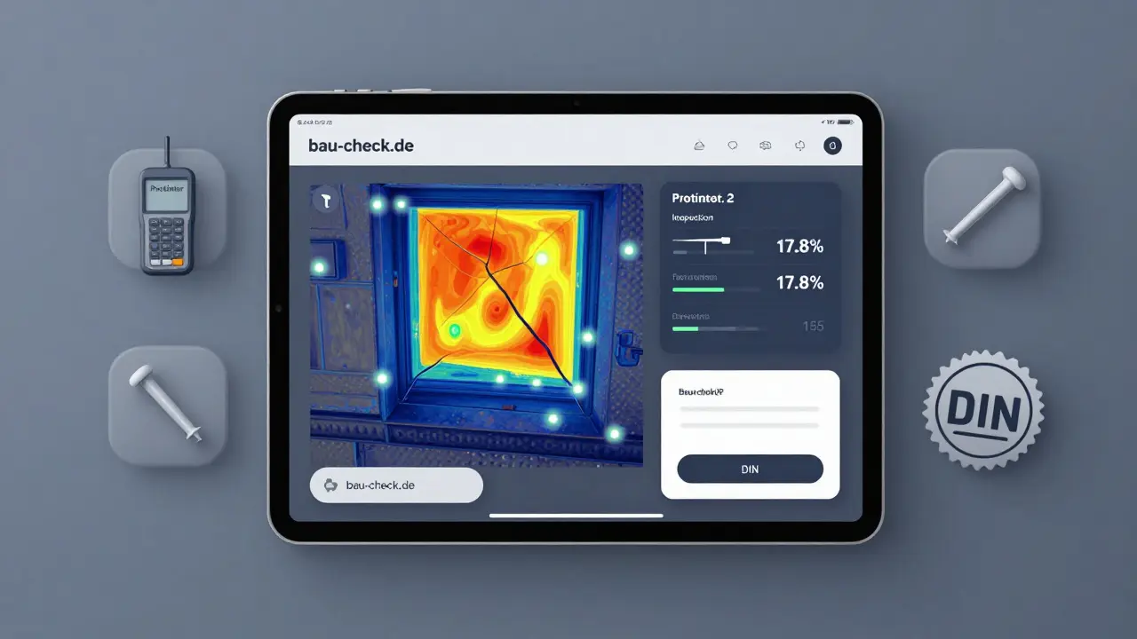 Digitaler Bildschirm einer Bau-Checklist-App zeigt thermische Bildanalyse und Feuchtigkeitsmesswerte einer Fassade mit automatischer Fehlererkennung.