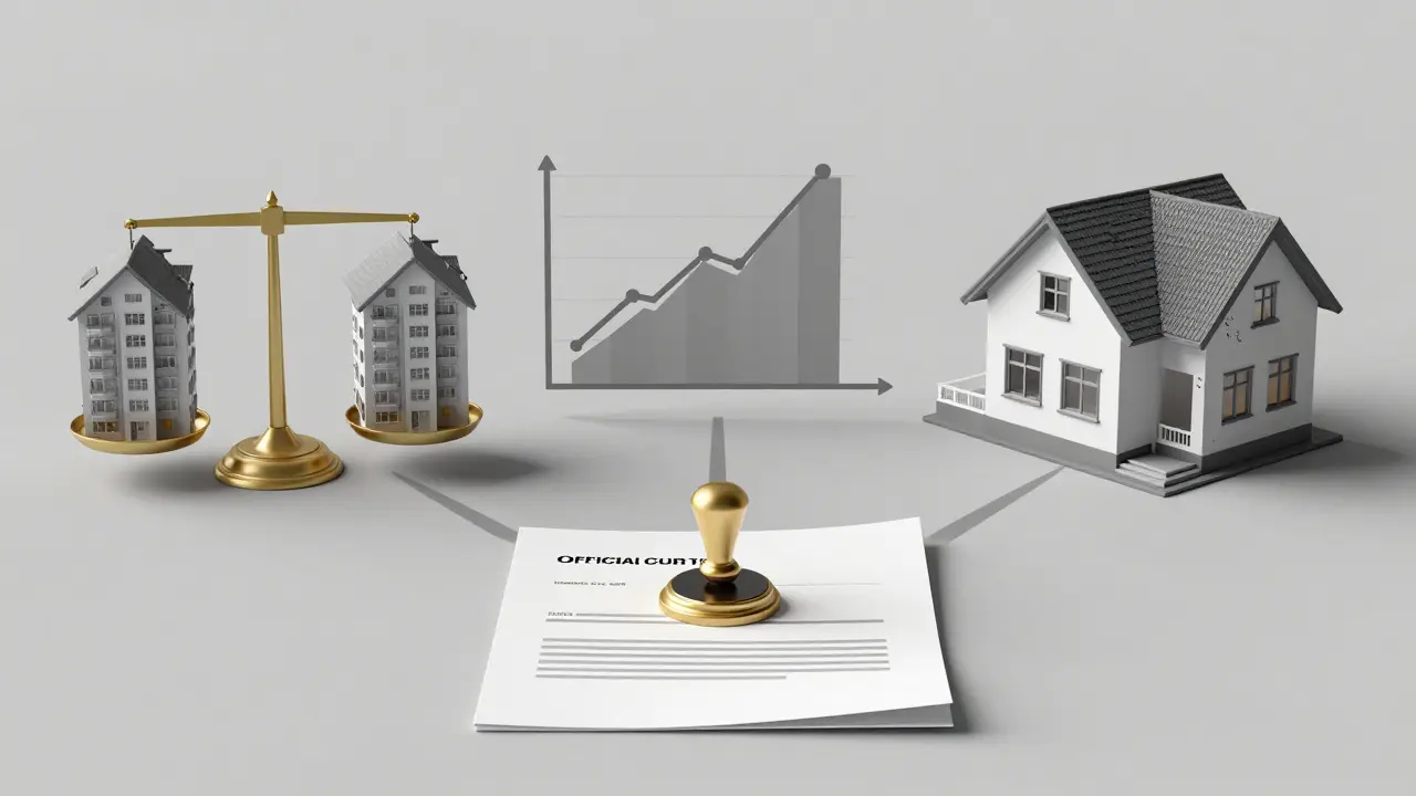 Drei Bewertungsmethoden für Immobilien als visuelle Metaphern: Vergleich, Ertrag und Sachwert, vereint in einem rechtlichen Dokument.