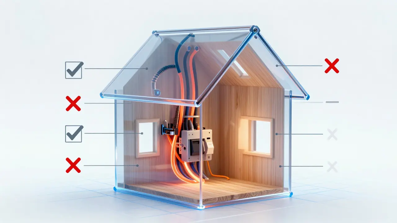 Durchsichtiger Hausgrundriss zeigt fehlenden FI-Schalter und abgenutzte Kabel als Warnung.