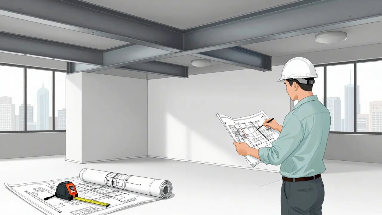 Ein Statiker analysiert Traglasten, während ein Stahlträger in einer offenen Wohnfläche eingebaut wird.