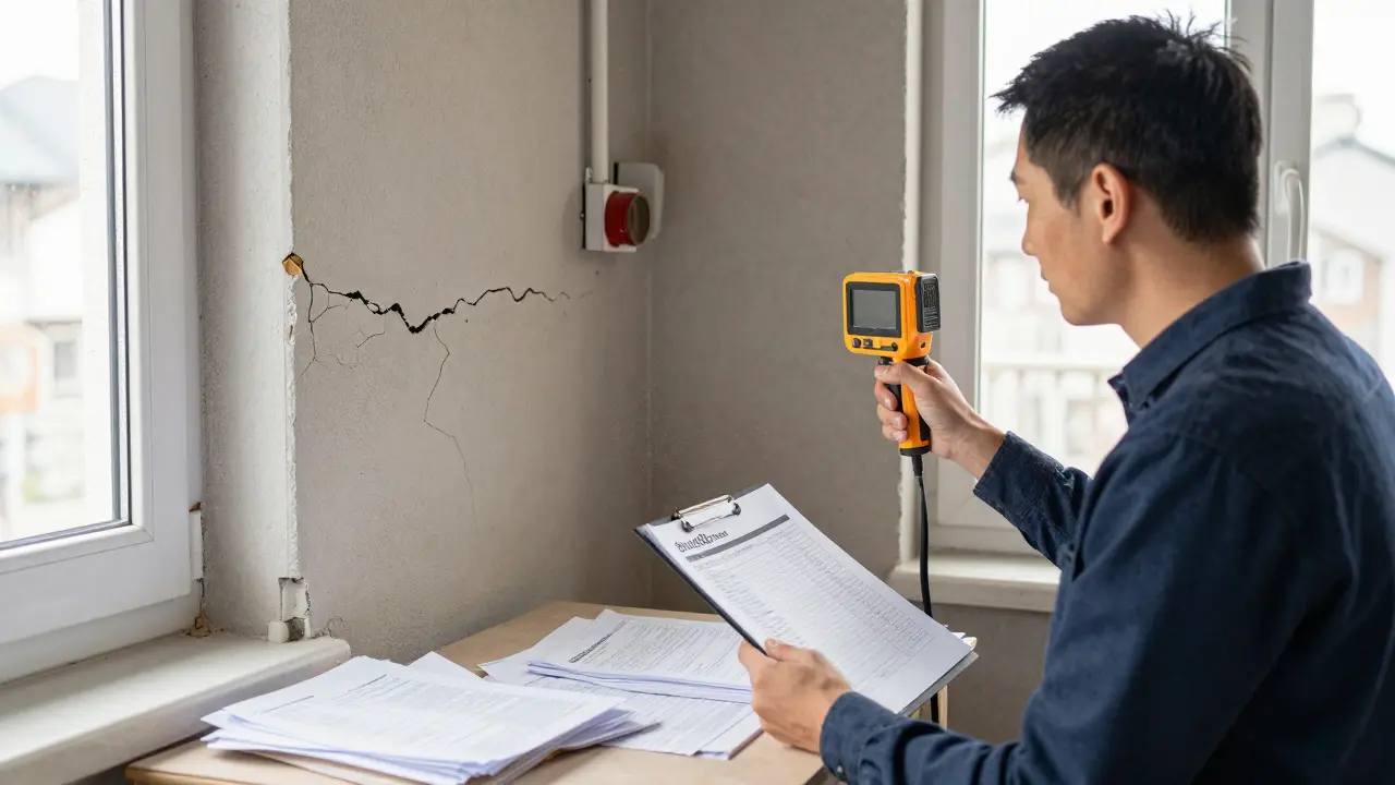 Ein zertifizierter Sachverständiger untersucht Bauschäden in einem Einfamilienhaus mit Messgeräten und Notizen.