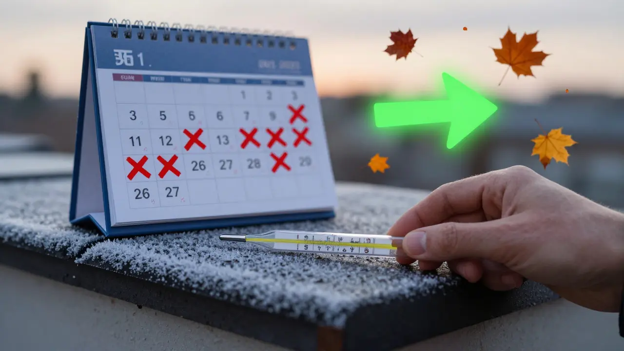 Eine Hand misst die Luftfeuchtigkeit auf einem vereisten Dach, während im Hintergrund Herbstblätter fallen.