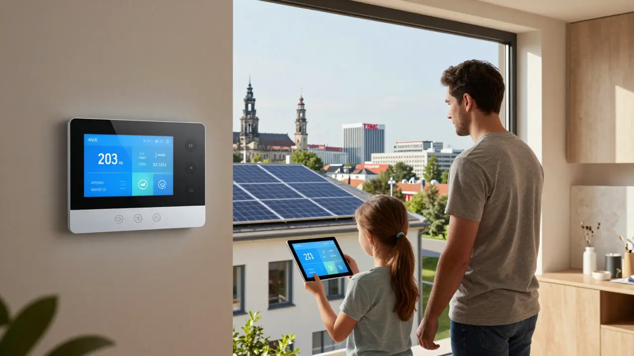 Familie in einem Smart-Home in Dresden, mit Solaranlage und automatisierter Haustechnik, Blick auf die Stadt.