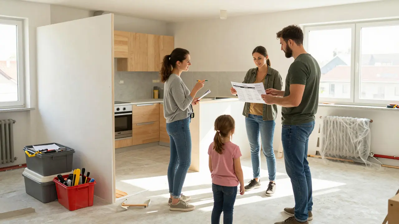Familie und Bauleiter in einem Wohnzimmer, besprechen den Tagesablauf anhand eines gedruckten Zeitplans, während eine abgetrennte Baustelle hinter ihnen sichtbar ist.