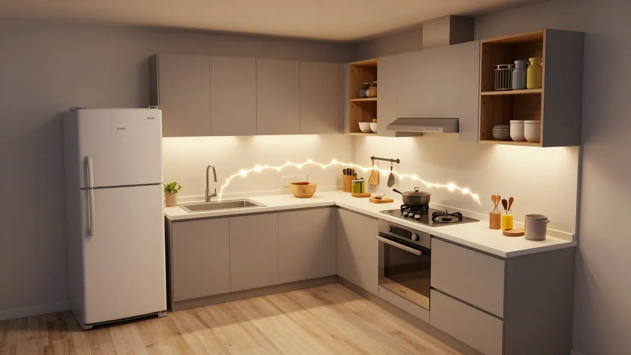 Fluss der Küchenarbeit: von der Aufbewahrung über Waschen, Zubereiten bis zum Kochen in einer kompakten, gut geplanten Küche.