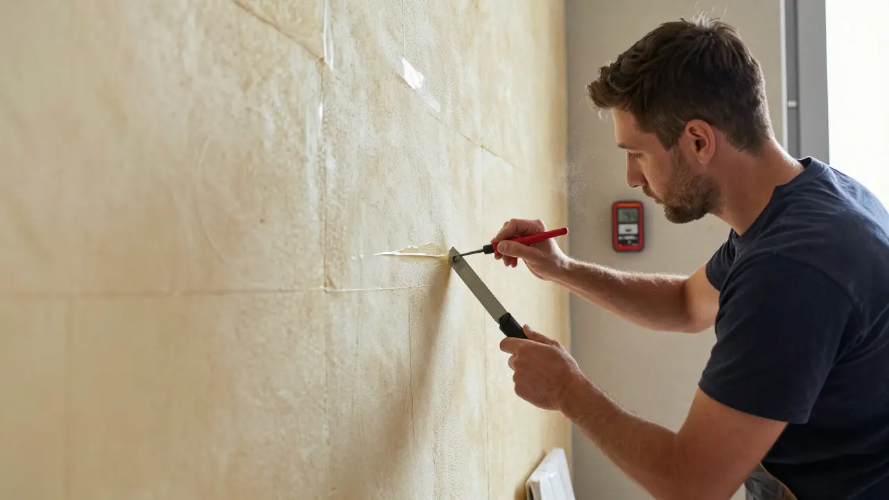 Handwerker bringt mineralischen Endanstrich auf kapillaraktive Dämmung auf
