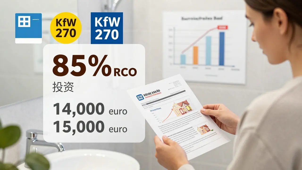 Hausbesitzerin mit Finanzunterlagen neben renoviertem Badezimmer, ROI-Berechnung und Förderhinweise als transparente Überlagerung.