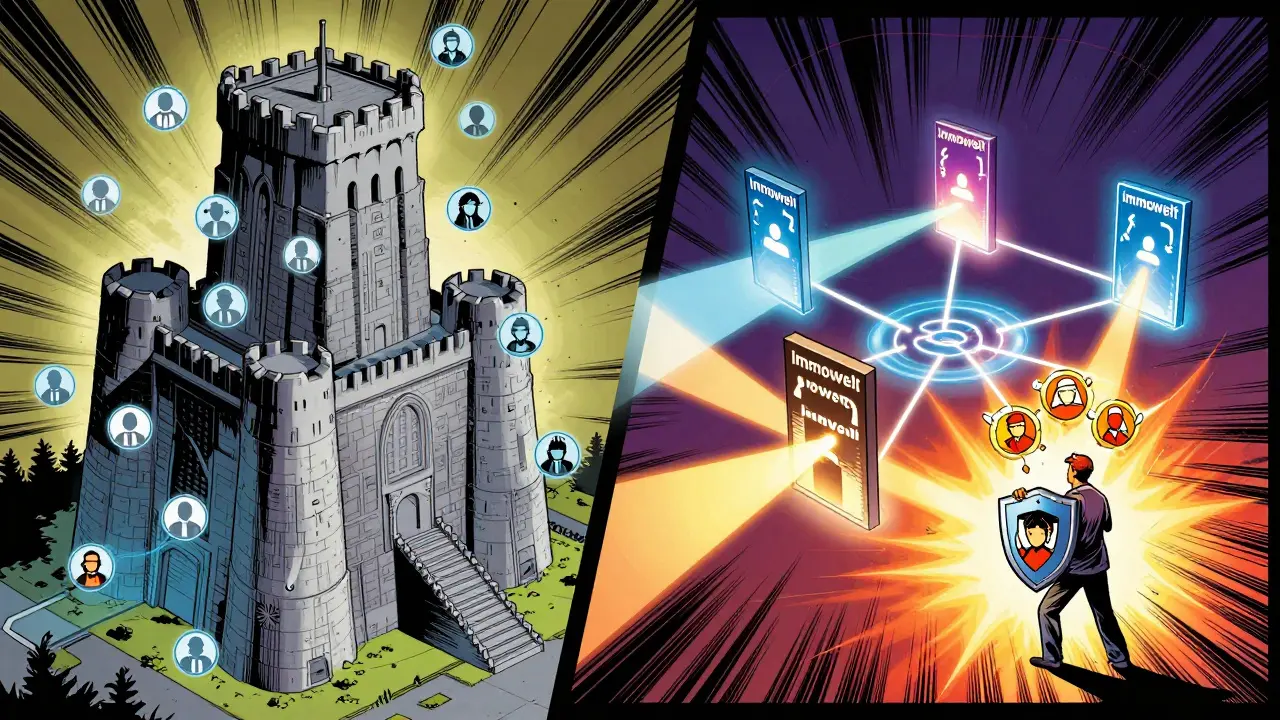 ImmobilienScout24 als riesige Festung gegen Immowelt als Netzwerk aus Portalen — Comic-Stil mit Nutzer-Icons und Immo Power-Schild.