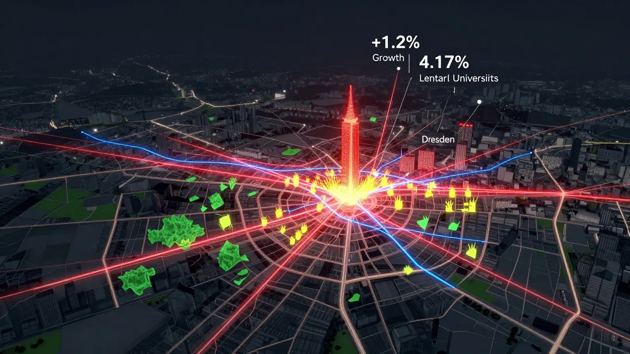 Karte einer Stadt mit farbigen Daten-Overlays für Bevölkerungswachstum, ÖPNV und Grünflächen, fokussiert auf Dresden und Leipzig.