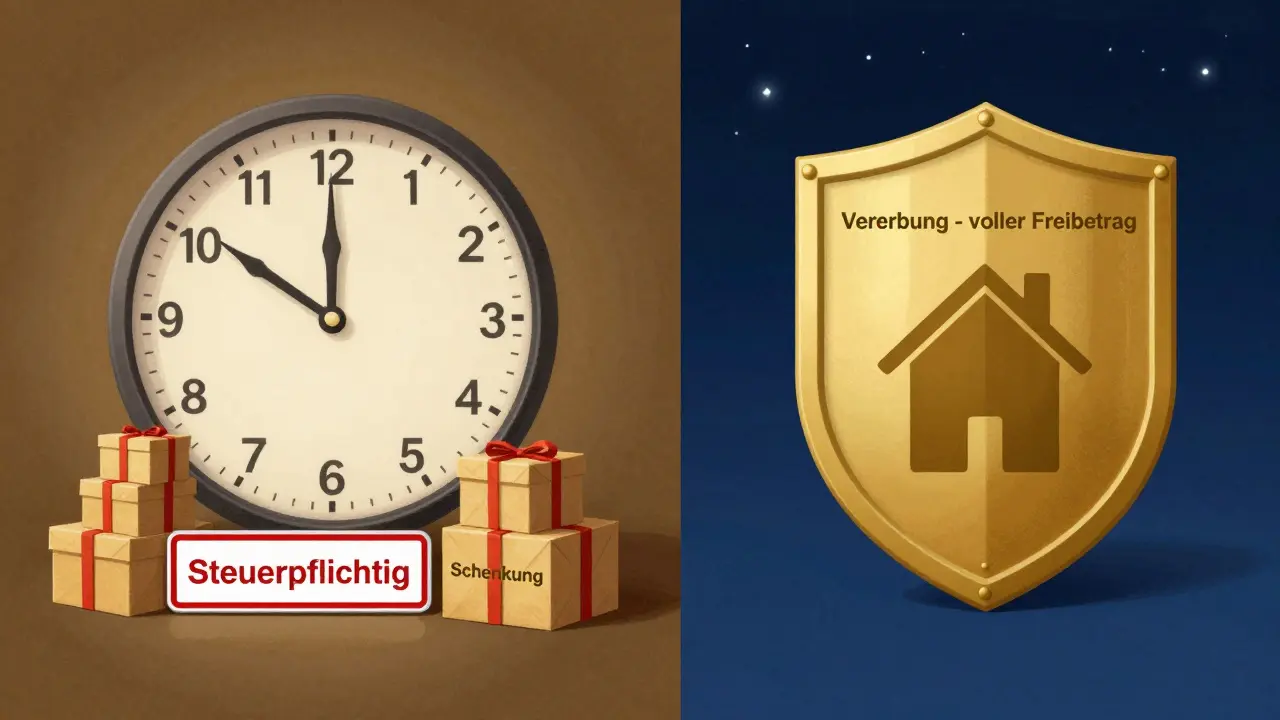 Künstlerische Darstellung: Schenkung mit Warnsymbol vs. Vererbung mit goldenem Freibetrag-Schild.