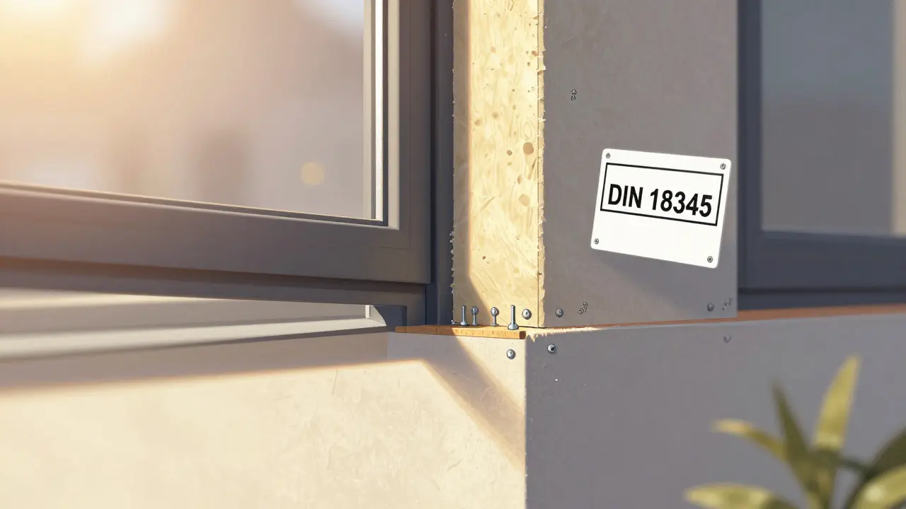 Nahansicht des Übergangs zwischen Fenster und Dämmung mit korrekter thermischer Trennung und Dübelbefestigung nach DIN 18345.