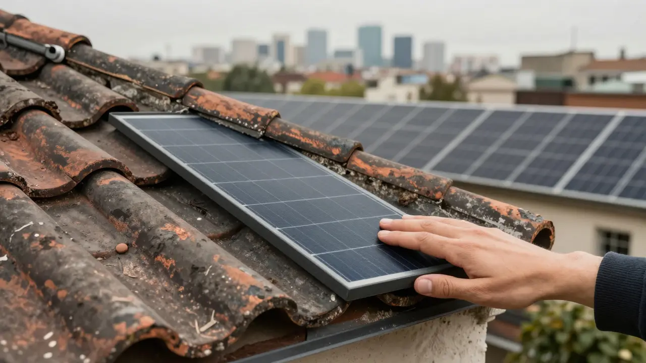 Nahaufnahme einer solarintegrierten Dachziegel-Alternative, die historische Ziegel nahtlos ersetzt.