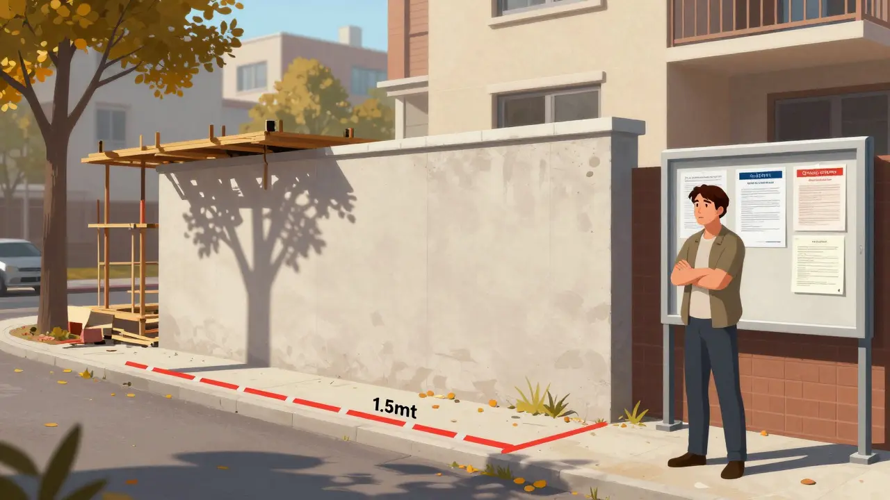 Neubau verletzt die gesetzliche Grundstücksabstandsvorschrift mit klarem Maßbandkontrast.