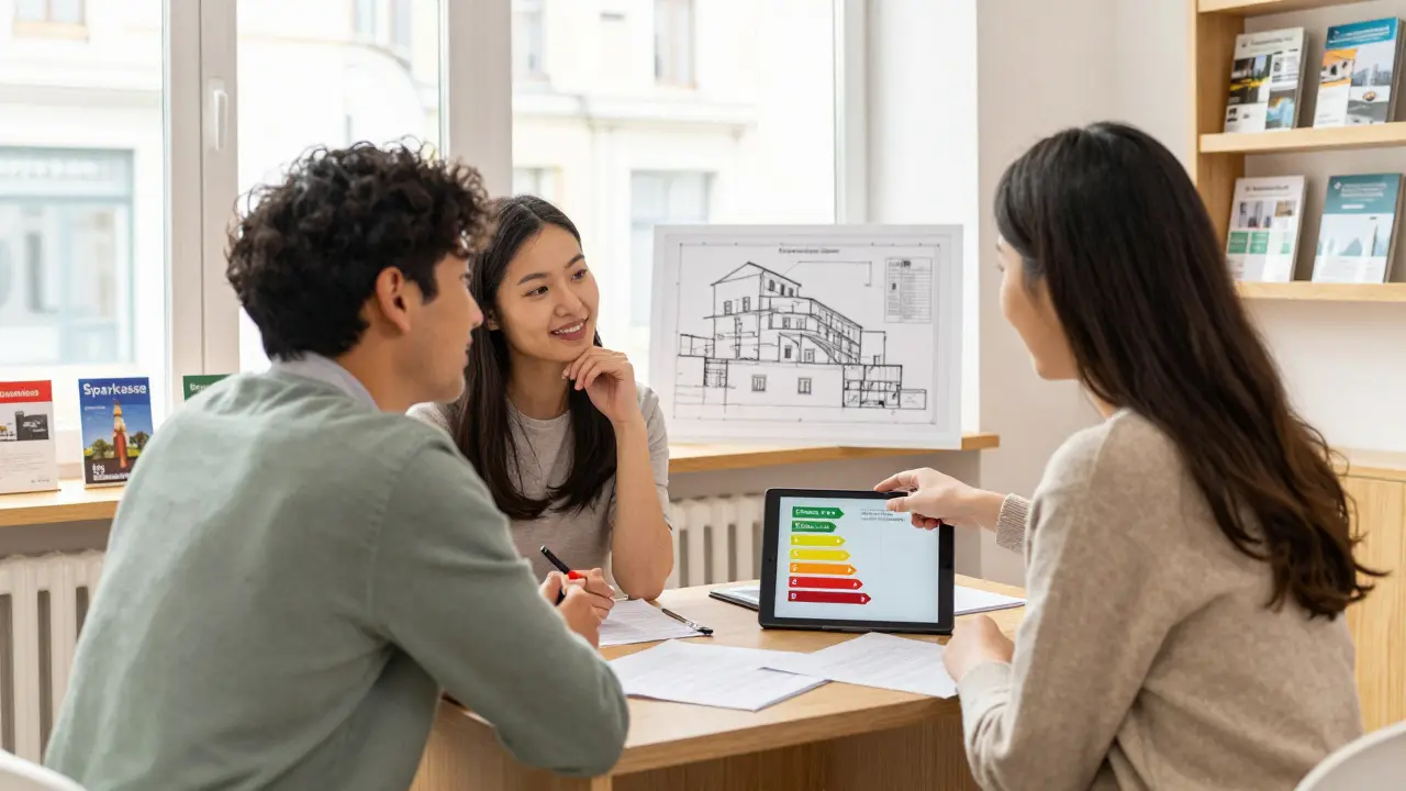 Paar erhält persönliche Beratung zu Immobilienkredit und Fördermitteln in einer Sparkasse mit lokalen Bauunterlagen.