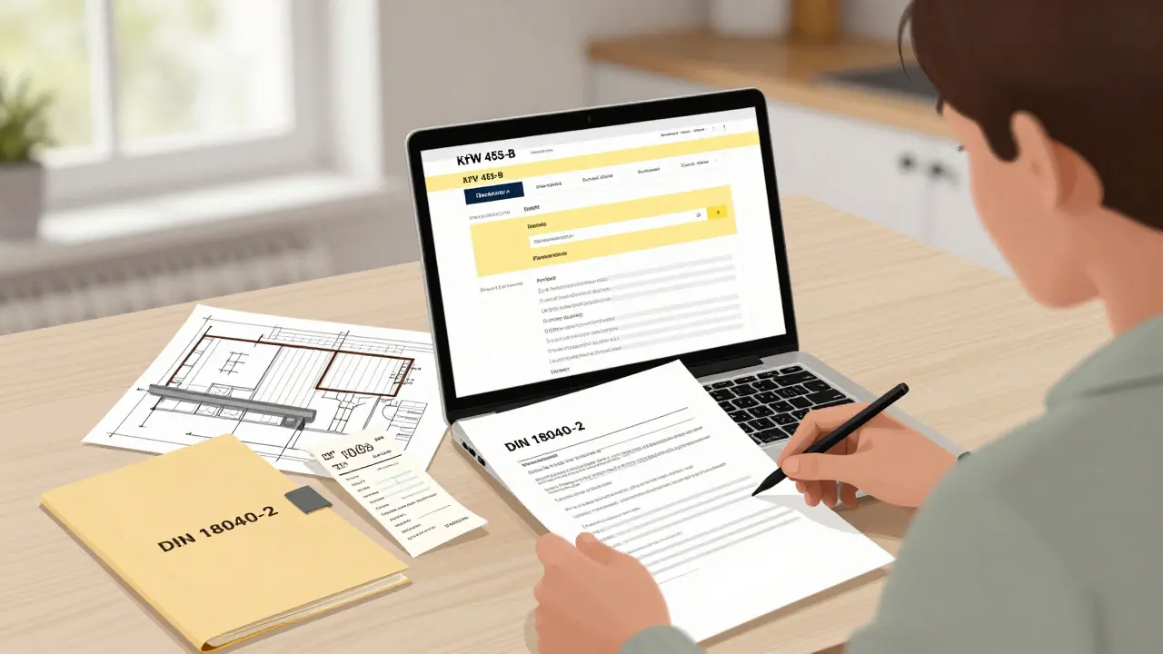 Person reviewing KfW application documents with renovation plans and receipts on a kitchen table.