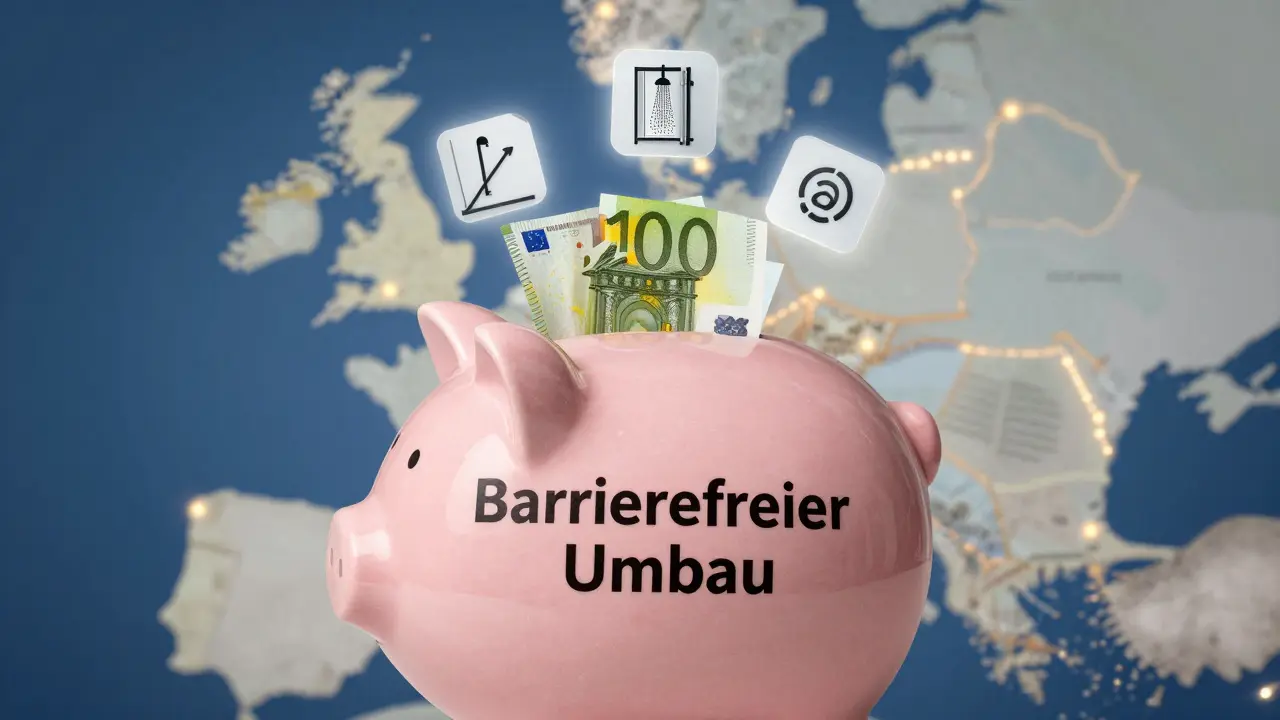 Piggy bank labeled for barrier-free renovation filled with icons of ramps, showers, lifts, and smart home features.