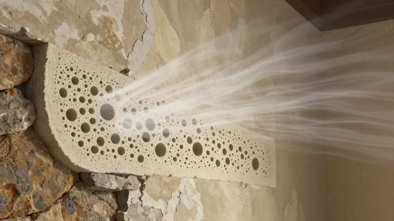 Querschnitt einer kapillaraktiven Dämmung mit dynamischem Feuchtigkeitstransport