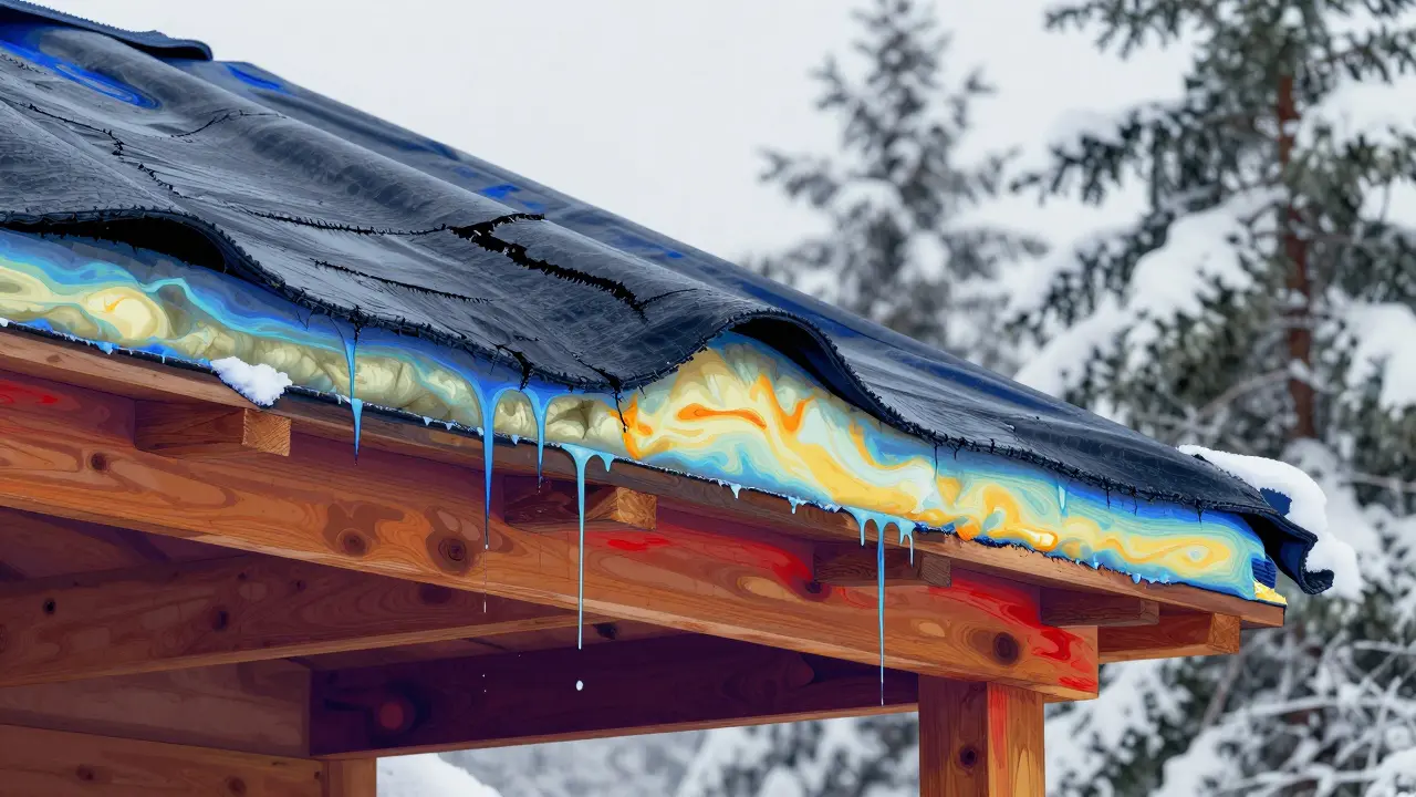 Querschnitt eines wintergeschädigten Daches mit rissigen Bitumenbahnen und Feuchtigkeitsspuren in den Holzbalken.