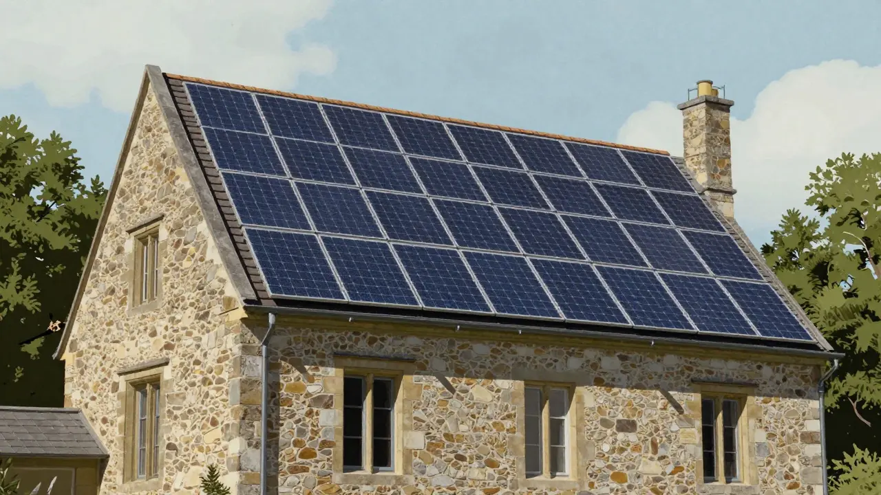 Steinernes Denkmalgebäude mit flächig eingebauten Solarplatten, die wie traditionelles Dachmaterial wirken.