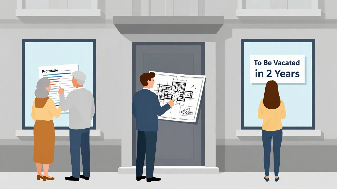 Three types of buyers depicted beside an apartment building: senior couple, corporate investor, and future resident.