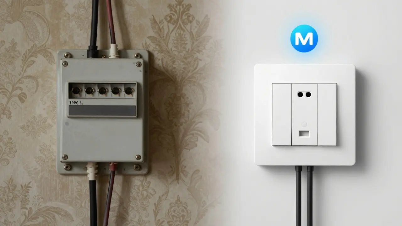 Vergleich zweier Elektroinstallationen: alte Zwei-Draht-Dose links, moderne Smart-Schalter-Lösung rechts mit Matter-Logo.
