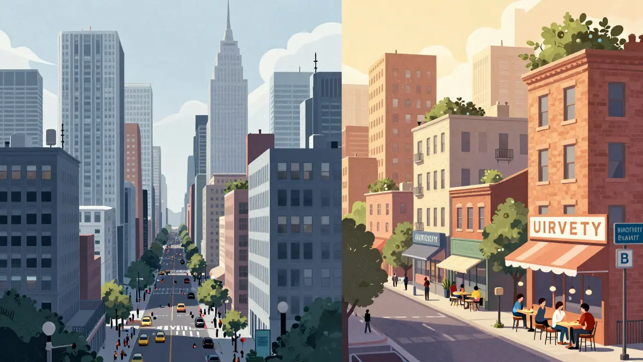 Vergleich zweier Stadtteile: links teurer, überfüllter A-Stadt-Bereich, rechts lebendiger, erschwinglicher B-Stadt-Bereich mit Studenten und Geschäften.