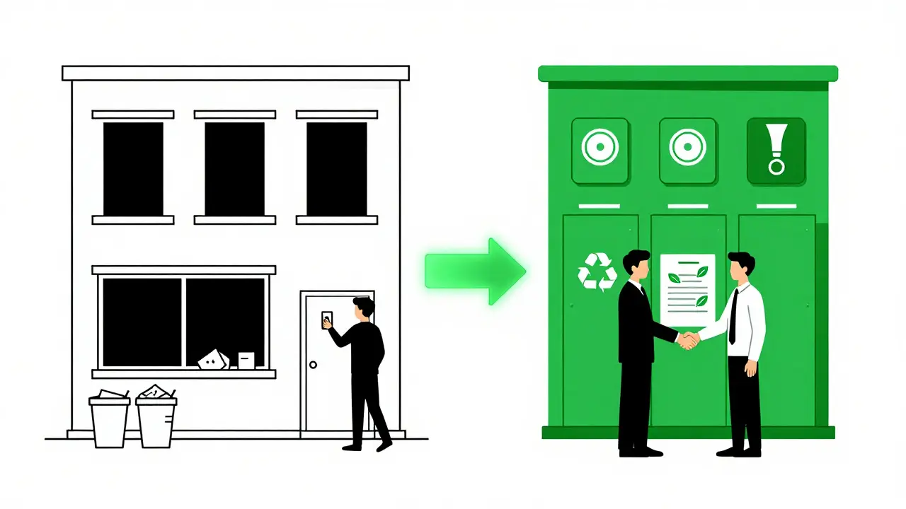 Vergleich zwischen einem veralteten Büro und einem nachhaltigen Green Lease-Gebäude mit Symbolen für Energieeinsparung und Recycling.