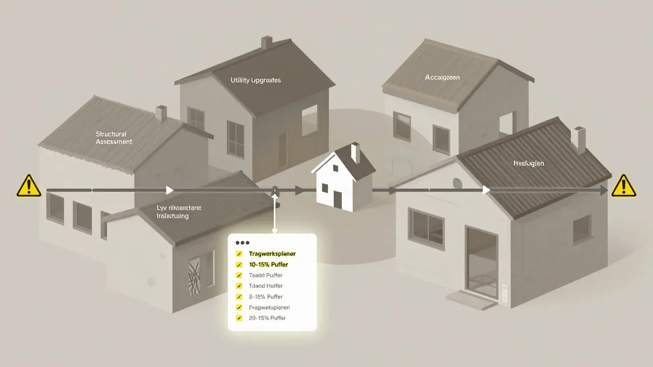 Visueller Sanierungsplan für ein bewohntes Haus mit Phasen wie statische Prüfung, Installation und Veredelung, dargestellt als übereinanderliegende Schichten.