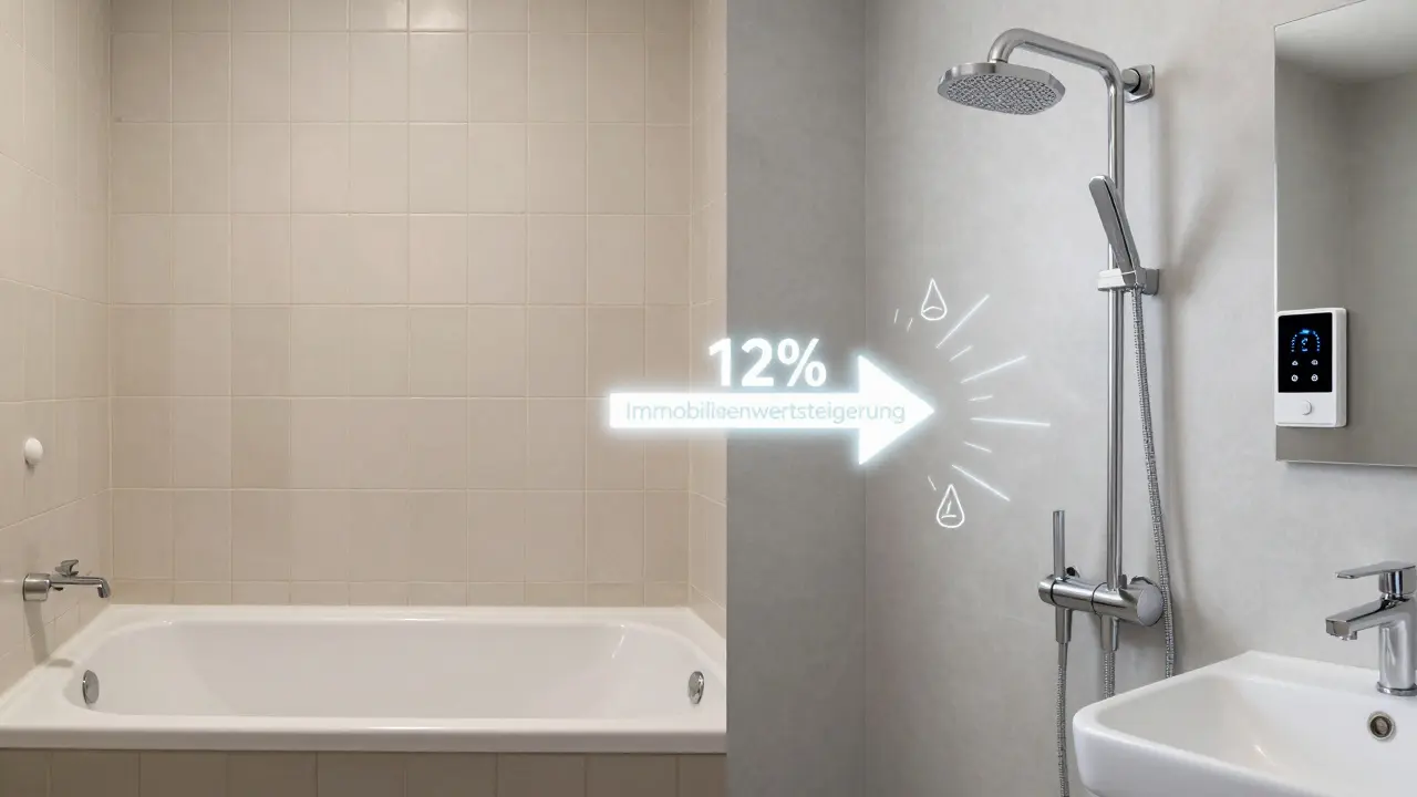 Vorher-Nachher-Vergleich eines österreichischen Badezimmers: veraltetes Design links, modern und energieeffizient rechts mit Wertsteigerungspfeil.