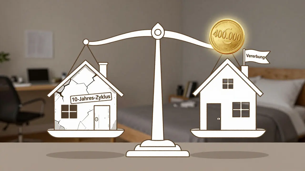 Waage vergleicht veraltete Immobilie mit 10-Jahres-Zyklus und neuwertiges Haus mit vollem Freibetrag.