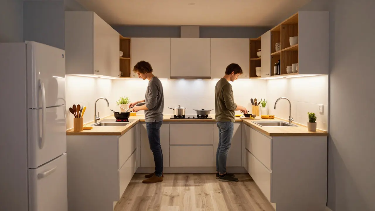 Zwei Personen kochen in einer U-förmigen Küche mit ausreichend Platz zwischen den Schränken und gut beleuchteten Arbeitsflächen.
