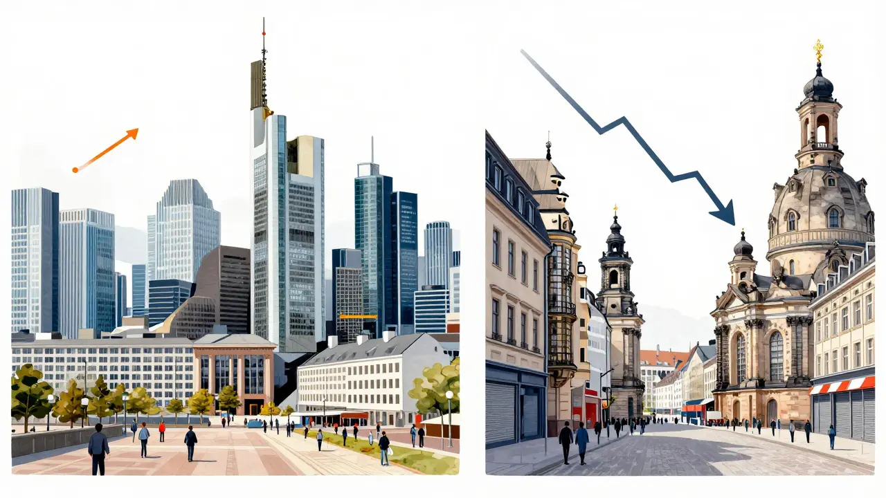Zwei Stadtansichten: Frankfurt mit wachsenden Arbeitsplätzen und Dresden mit leereren Straßen, künstlerische Darstellung.
