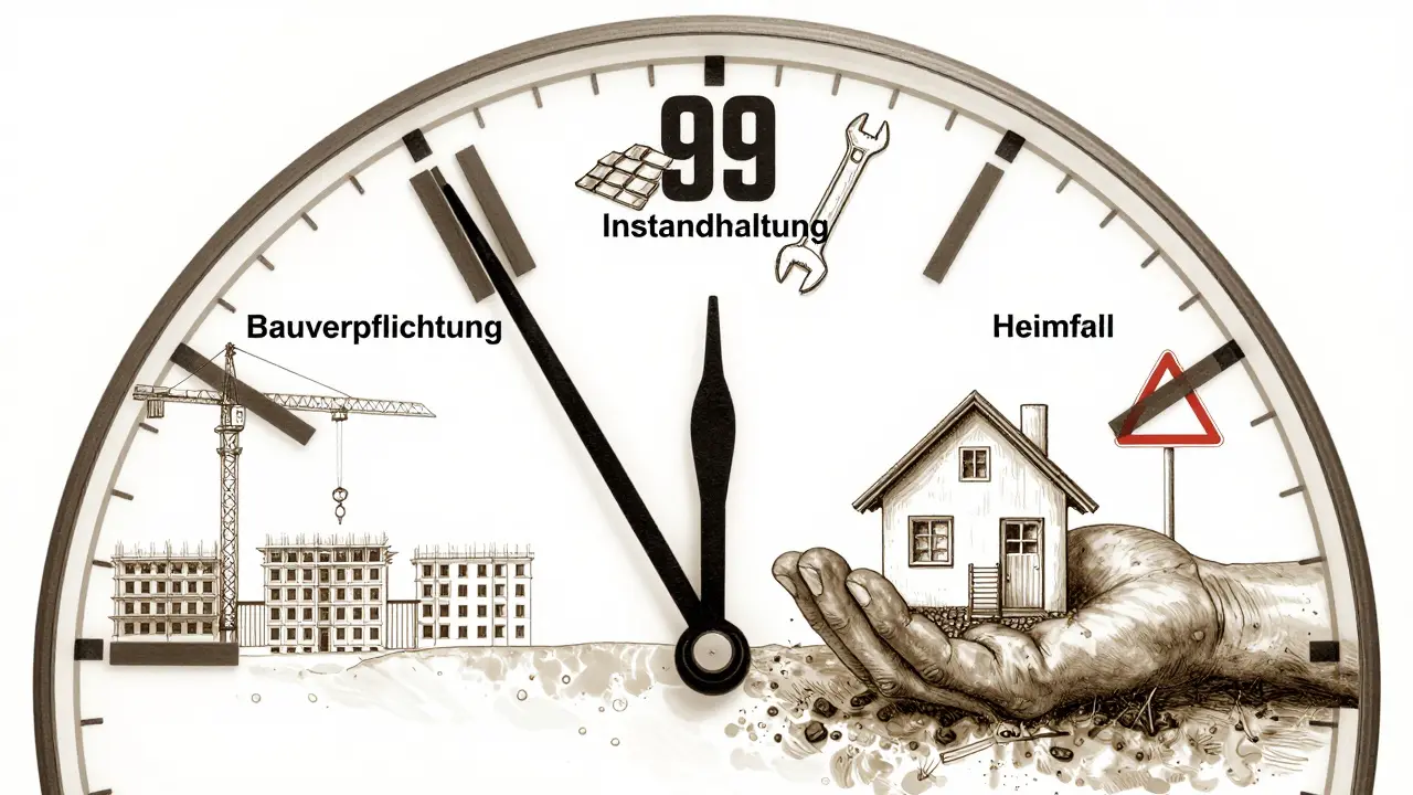 99-Jahres-Uhr mit Bau-, Instandhaltungs- und Heimfall-Phasen in dezenter Linienkunst.