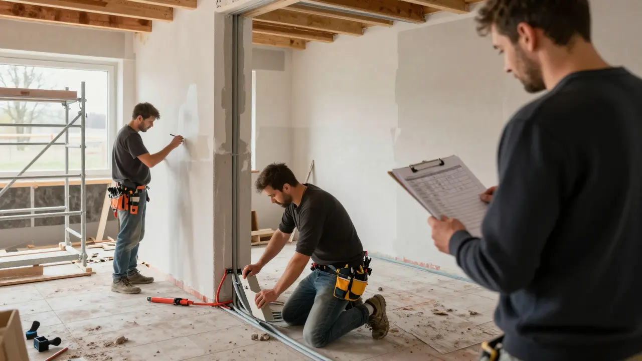 Bauarbeiter verschiedener Gewerke arbeiten gleichzeitig an einer renovierten Wohnung in Österreich mit sichtbarem Zeitplan.