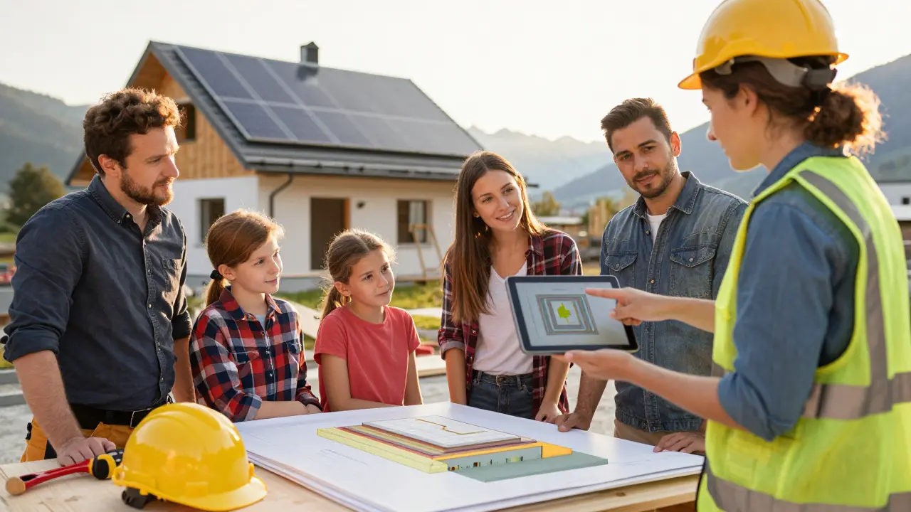 Baubetreuerin erklärt Dämmkonstruktion mit Tablet an Baustelle
