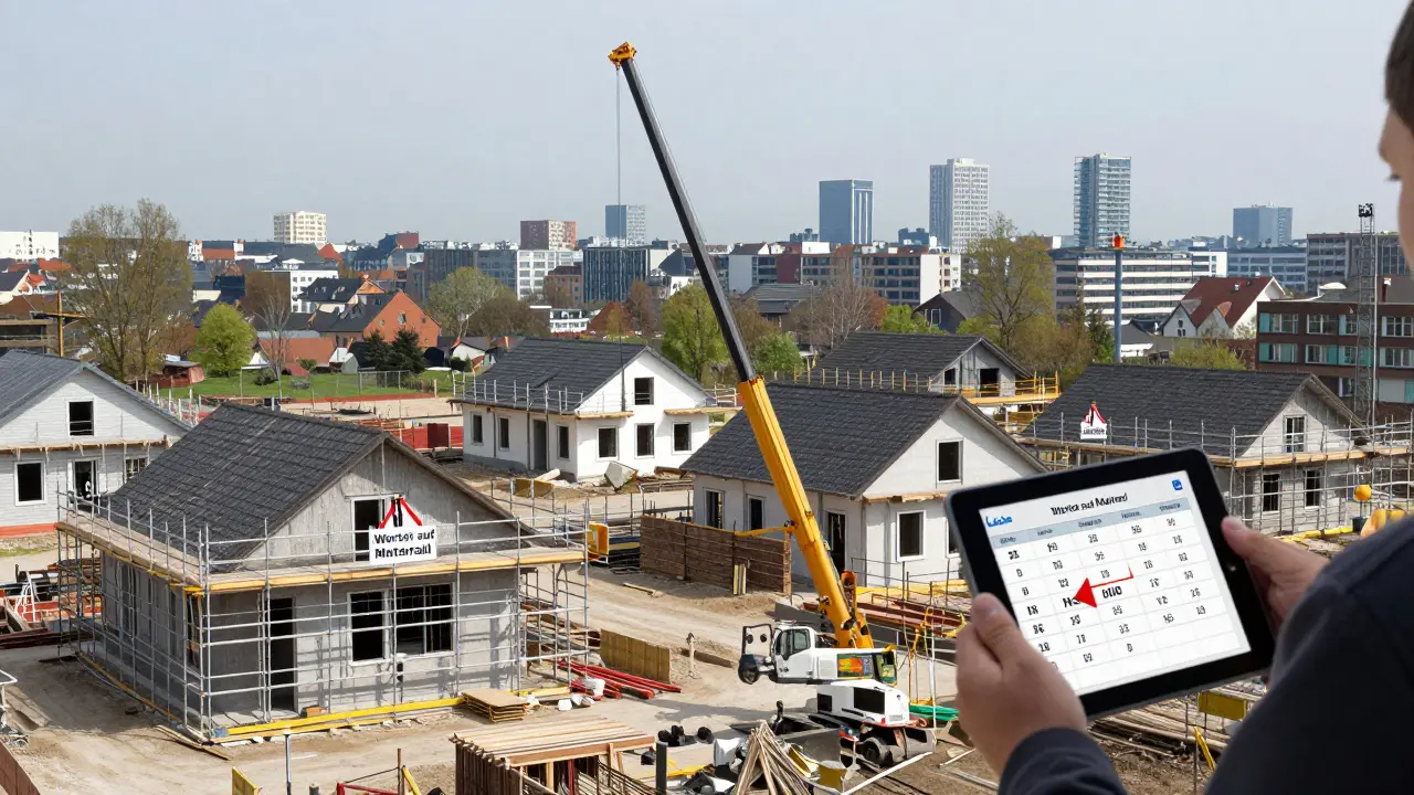 Baustelle mit unvollendeten Häusern und Schildern 'Wartet auf Material'