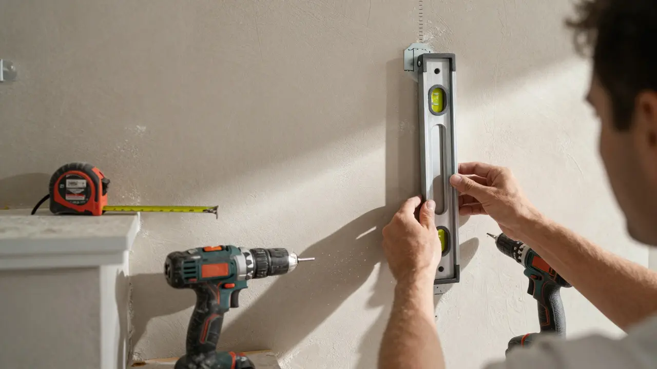 DIY-Montage von Treppenhandlauf mit Wasserwaage und Bohrer