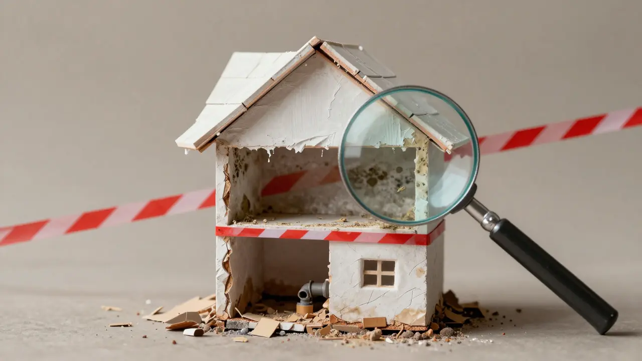 Dreilagiges Hausmodell: neue Oberfläche, Schimmel darunter und beschädigte Fundamente unten.