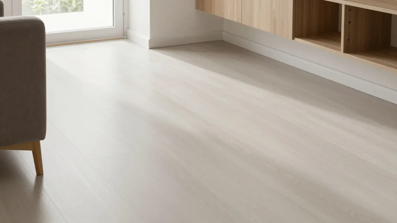 Ein fertiger PVC-Boden in einem Wohnzimmer mit Sockelleisten und natürlichem Licht.