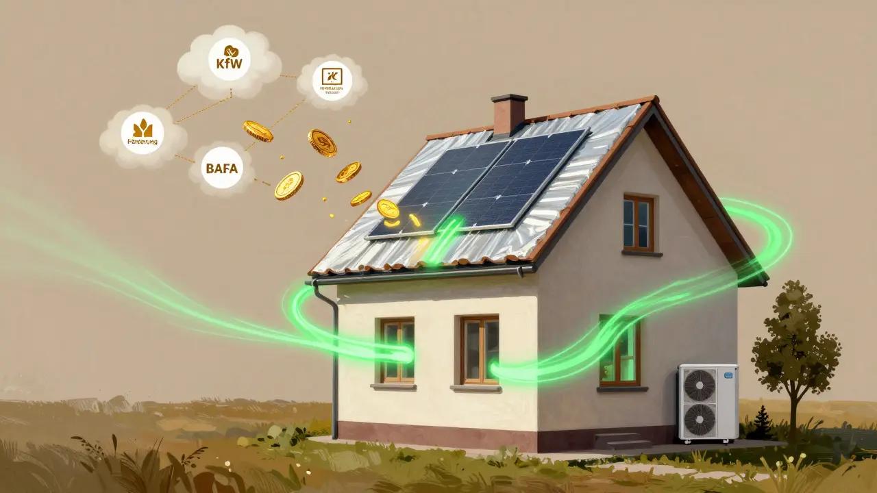 Ein Haus, das von grüner Energie umgeben ist, mit Fördermittel-Symbolen als fallende Münzen, symbolisierend nachhaltige Sanierung.