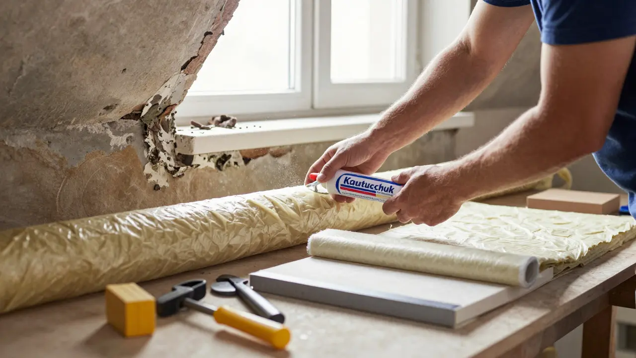 Ein Hausbesitzer installiert neue Kautschuk-Dämmung an einer Kaltwasserleitung, alte beschädigte Dämmung liegt daneben.