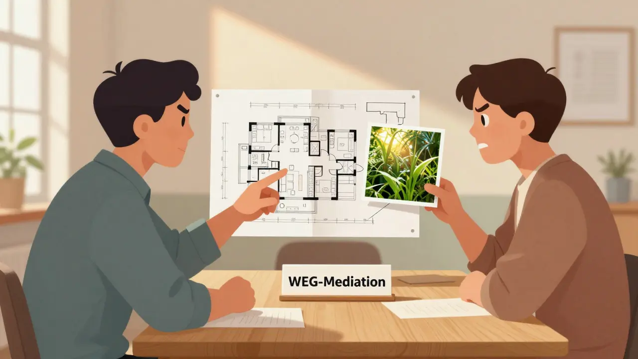 Ein Mediator vermittelt zwischen zwei Wohnungseigentümern bei der Besprechung einer Grundrisszeichnung.