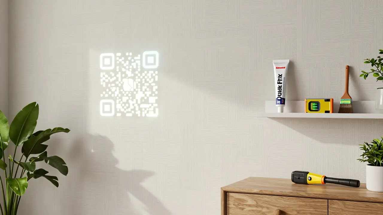 Ein modernes Wohnzimmer mit Vliestapete, ein QR-Code an der Wand leuchtet schwach, Werkzeuge und Kleister liegen daneben.