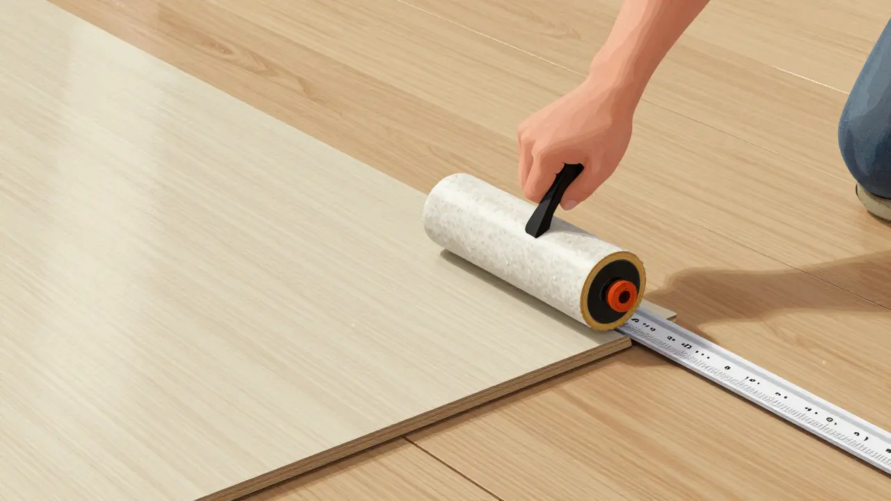 Eine Person rollt einen PVC-Boden mit einer Andrückwalze, um Luftblasen zu entfernen.