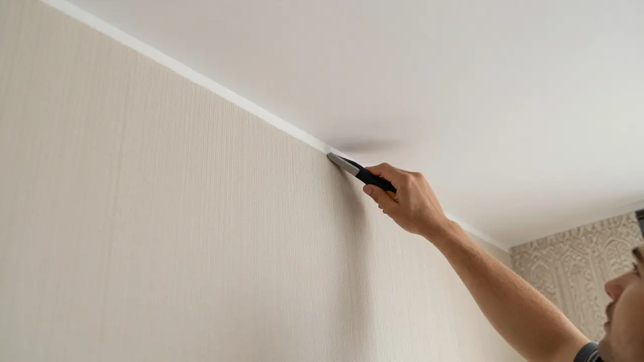 Eine Person schneidet überschüssige Vliestapete an der Deckenkante mit einem Cutter ab, nahtlos und präzise.