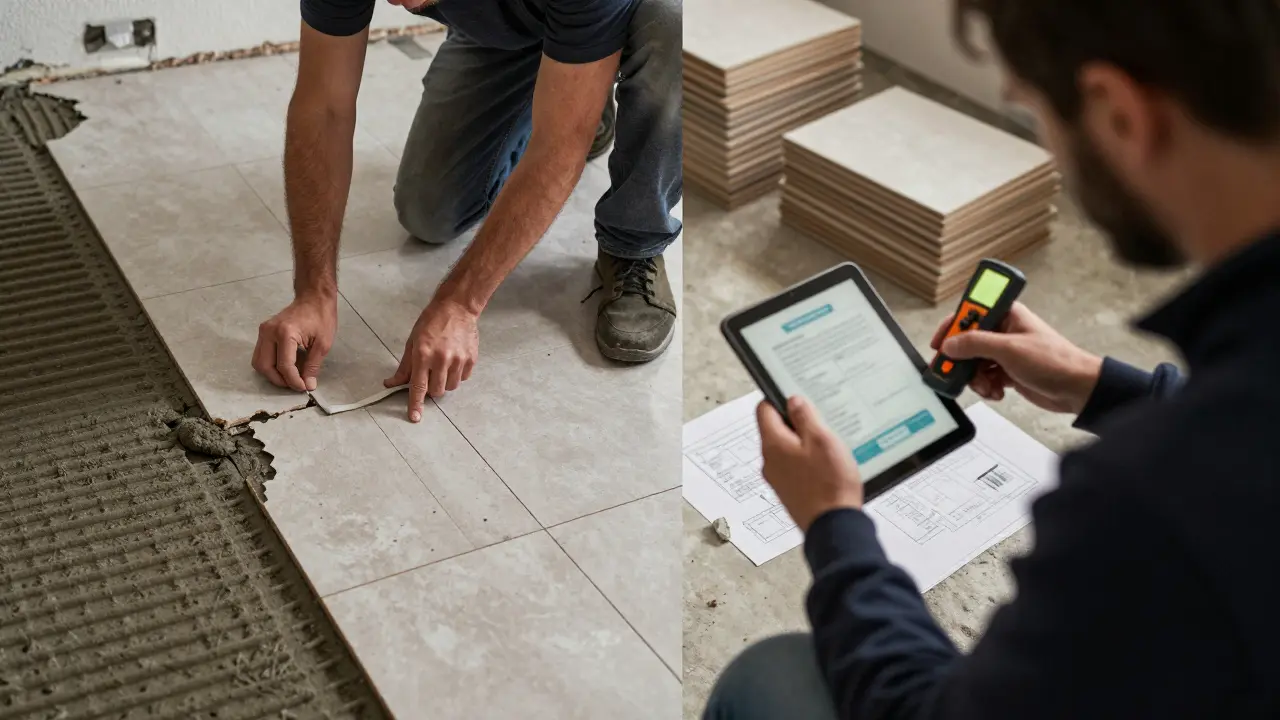 Falsch verlegte Fliesen vs. Fachmann mit Feuchtigkeitsmessgerät